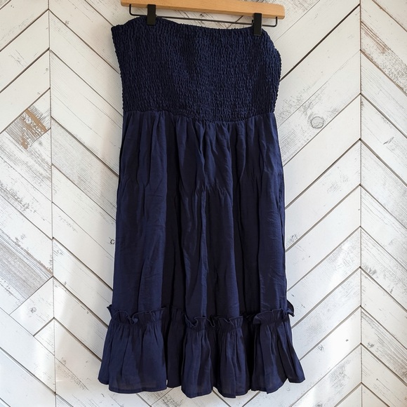 SHEIN Dresses & Skirts - SHEIN Strapless Smocked Midi Dress Navy Boho Ruffle Hem Size L